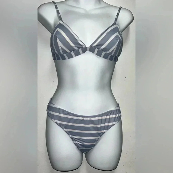 CUPSHE Periwinkle Blue & White Stripe Bikini Cheeky Bottoms Swimsuit - Picture 3 of 5